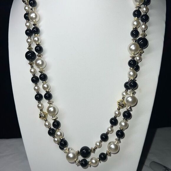 Vintage Double Strand Black Bead and Faux Pearl Necklace - Picture 1 of 7